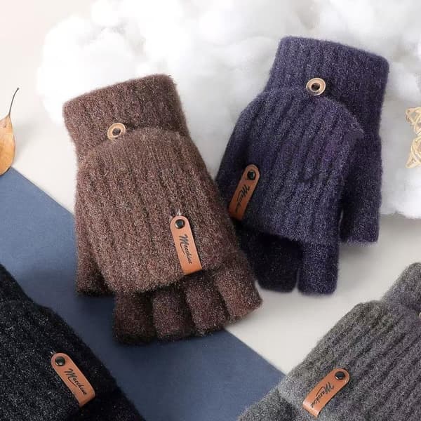 Vinterstrikkede handsker med flip-top uden fingre til mænd, tykke Gray