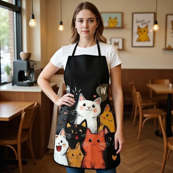 e Cat Mønster Polyester Forkle Levende Tegneserie Katter Med Hjerter Black