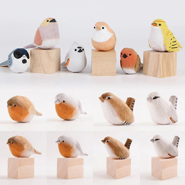 Puu Robin Bird Figurine Pieni Lintu Patsas Art Käsintehty veisto A4