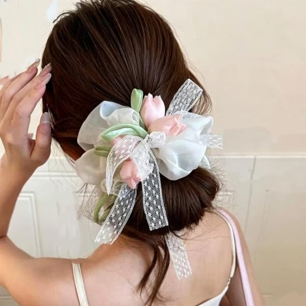 Hårscrunchies til kvinder, tulipaner, sød, blid blonde, alsidig elastik White