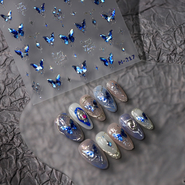 Dream Shiny Blue Butterfly 3D selvklebende neglekunst-klistremerker M
