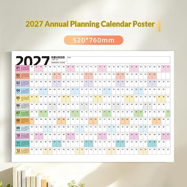 2027 Helårs veggkalender, tomme blokker, daglig planlegging A