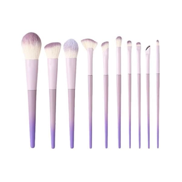 10-delt sminkekostsett med rosa-lilla gradient plasthåndtak