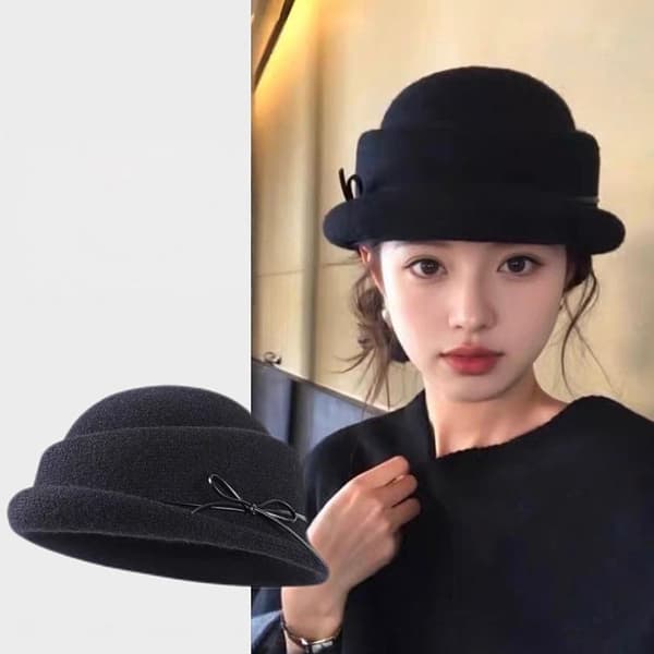 Sort uld tophat baret til kvinder efterår vinter fransk stil fis Black