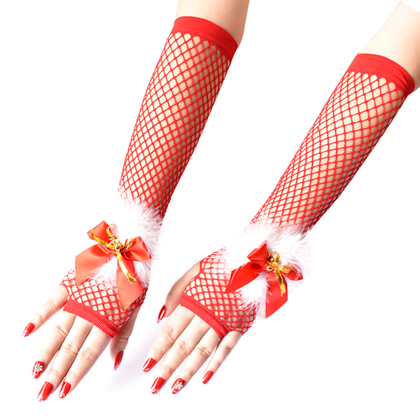 Unique Long Red Fishnet Gloves Women Fingerless Christmas Party