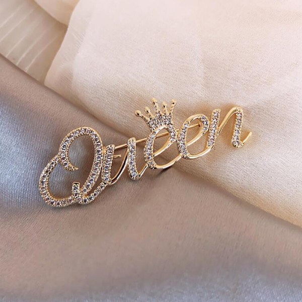 Rhinestone Queen rintakorut naisille 2-värinen Crown Letters Party Gold