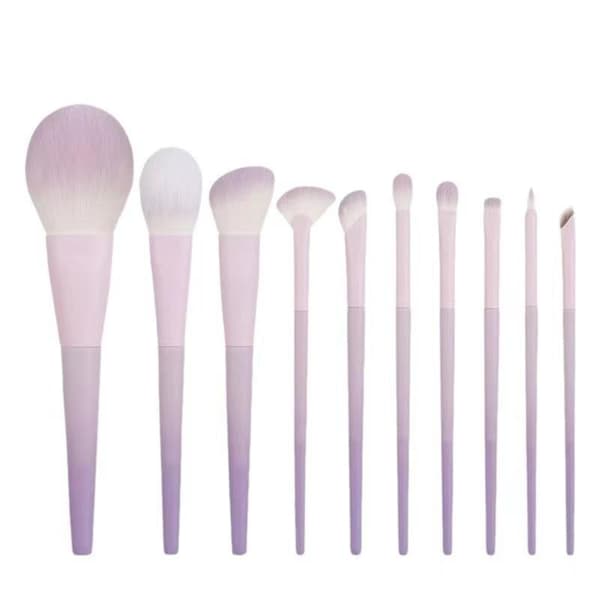 10-delt sminkekostsett med rosa-lilla gradient plasthåndtak