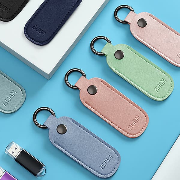 Læder U Disk Pouch Nøglering Holder Flash Drive Opbevaringstaske Me Blue