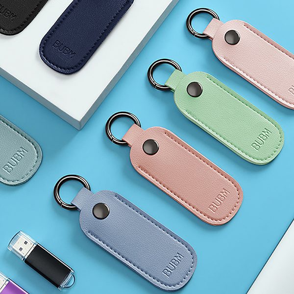 Läder U Disk Pouch Nyckelring Hållare Flash Drive Storage Bag Me Blue