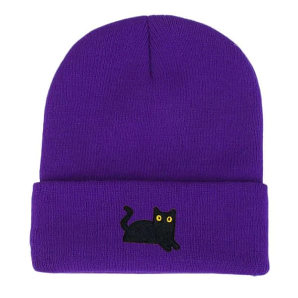 Elastiske og lette strikkeluer med brodert svart katt Black