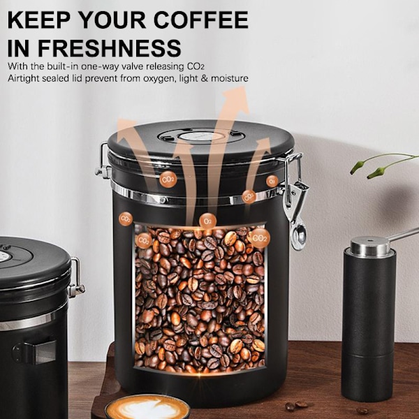 Lufttät förseglad kaffebönbehållare med utgångsdatum Black 1500ml