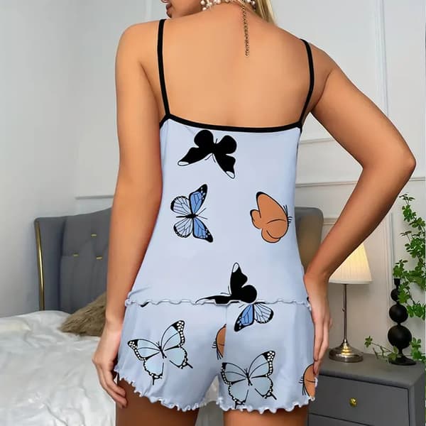 Sommerfugleprint Pyjamas Sæt Salatkant Cami Top Elastisk Talje Apricot L