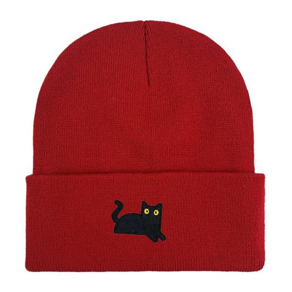 Elastiske og lette strikkeluer med brodert svart katt Yellow