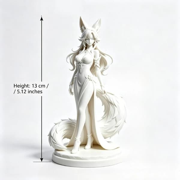 Elegant Kitsune Maiden Ofärgad PLA-skulptur Lång Fluffig Svans A1