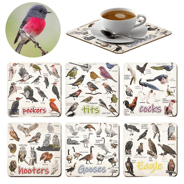 Sett med 6 Bird Pun Coasters 1