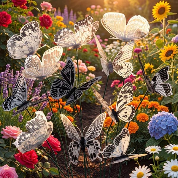 10/30 stk. 3D sort/hvid kunstig sommerfugl havestav blomstervase A30