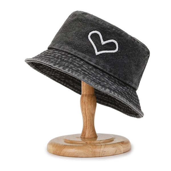 Pesty Denim Bucket Hat Love Embroidery Fisherman Hat Unisex Ou Black