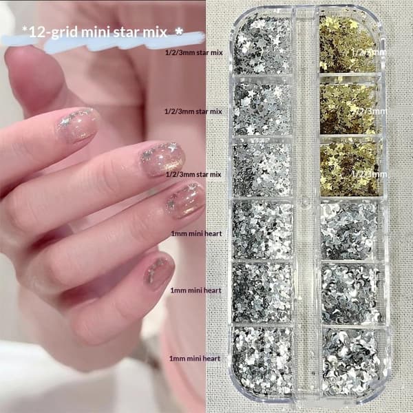 12 Gitre Stjerneglimmer Farverig Negleflager Flash Mini Pentagram A2