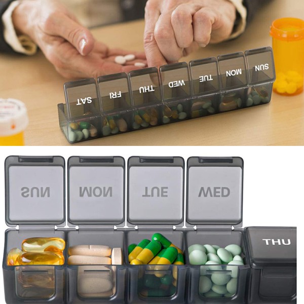 Ukentlig Pill Organizer Daglige etuier XL Box Oppbevaring Vitaminer 7 Day Black
