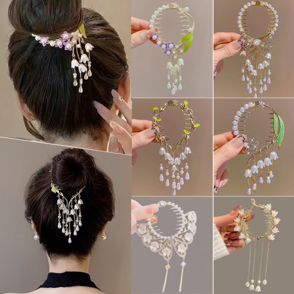 Elegant Flower Pearl tekojalokivi tupsu Pill Head Ponytail Buckl A8