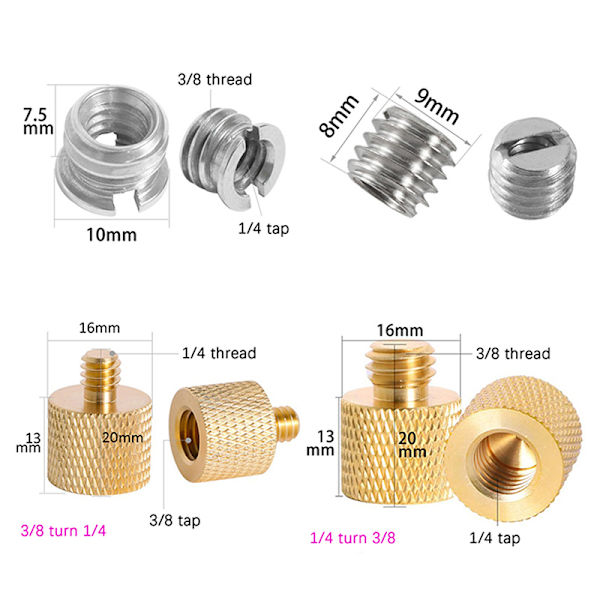 Kameran lisävarusteet Kameran muunnosruuvi 5/8 - 3/8 - 1/4 tuumaa A12