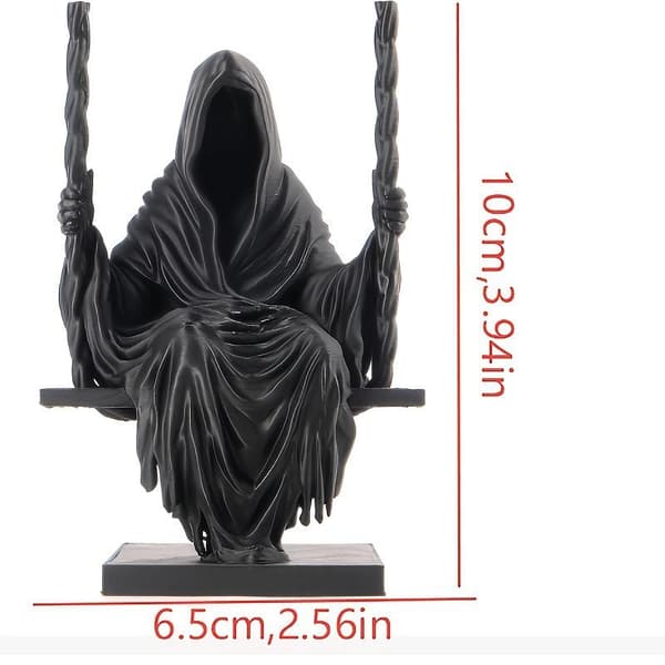 Svingende \"Grim Reaper\"-statue i harpiks, svart hette, miniatyrfigur A