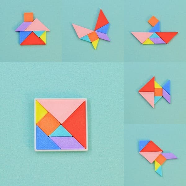 Nukkekodin mini-tangram-palapelisetti, simuloitu värikäs rakennelma
