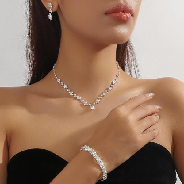 1 sæt enkel krystal choker halskæde øreringe sæt bryllup Silver