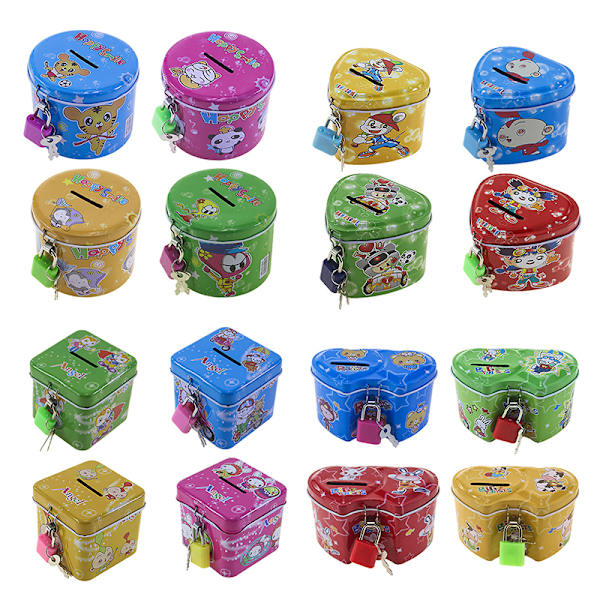 e Cartoon Square Tin Metal Piggy Bank Sparing Kontanter Mynt Penger Bo Double heart