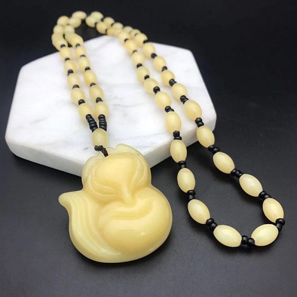 Unisex hånd-udskåret Fox vedhæng halskæde mode velsignelse perler Transparent yellow