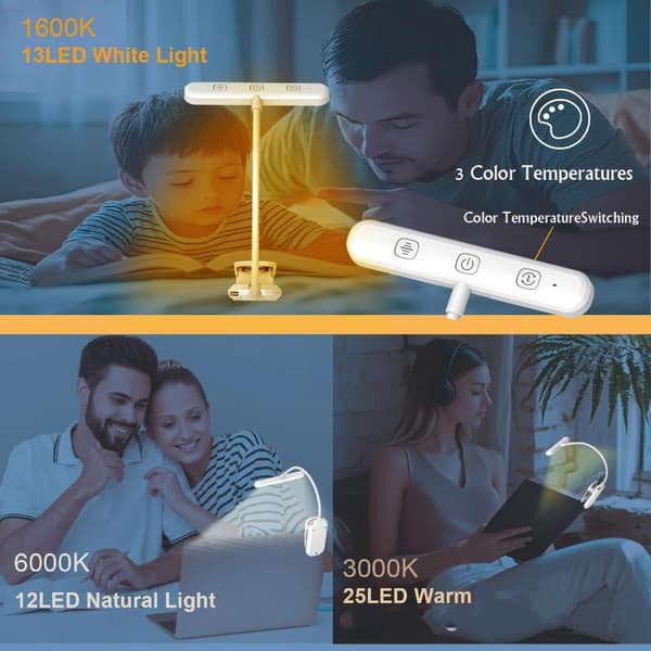 USB Genopladelig LED Bogklemme Læselampe 3 Farvetemperaturer A1