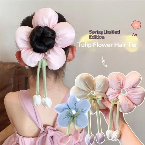 e Blomster Hårelastik Scrunchie Blødt Stof Elastisk Hestehaleholder Beige