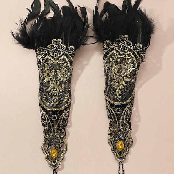 Natural Feather Gold Lace Lange hansker Kvinner Party Sexy Fingerle Blue