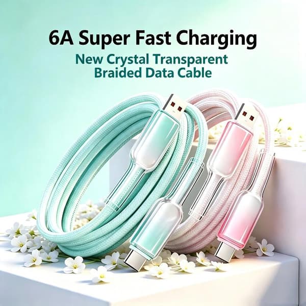 6A Flettet USB C Ladekabel Superrask Lading Krystallklar A2