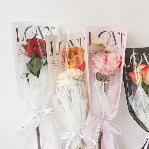 20 st LOVE Transparent Rose Single Bag Bukett Förpackningspåsar Pink