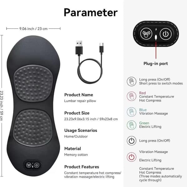 1 sæt rygmassager med varme og vibration til lindring af rygsmerter og diskusprolaps
