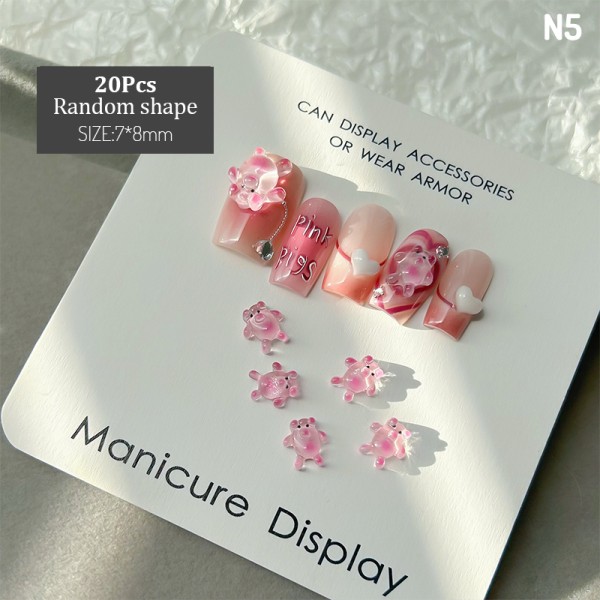 20 kpl 3D Lovely Pink Piggy Cat Bear Resin Nail Art koristeita E