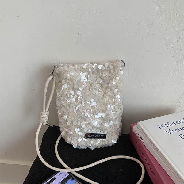 Mini skuldertaske med pailletter White