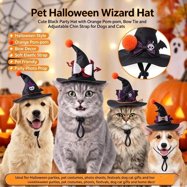 Halloween heksehue til katte og hunde, justerbart kæledyrstryllekostume A1