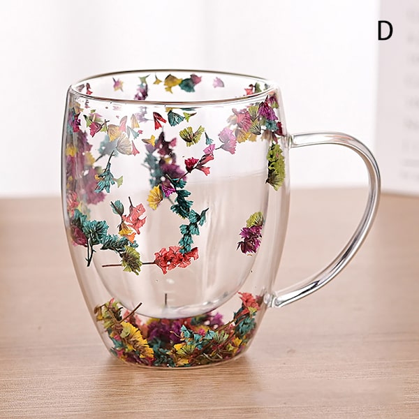Tørre blomster Dobbelvegg glasskopp med håndtak Varmebestandig Te D
