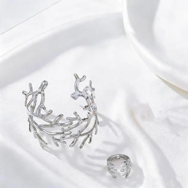 2 st guld korallgren design armband och ring set polerad finish A2
