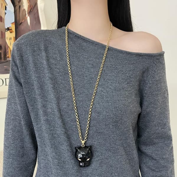 Överdriven Retro Emalj Leopard Hänge Halsband Lång Pärlad C A4