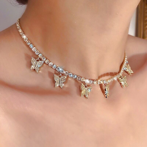 Kvinner mote Rhinestone Butterfly anheng Halskjede Retro gull Gold