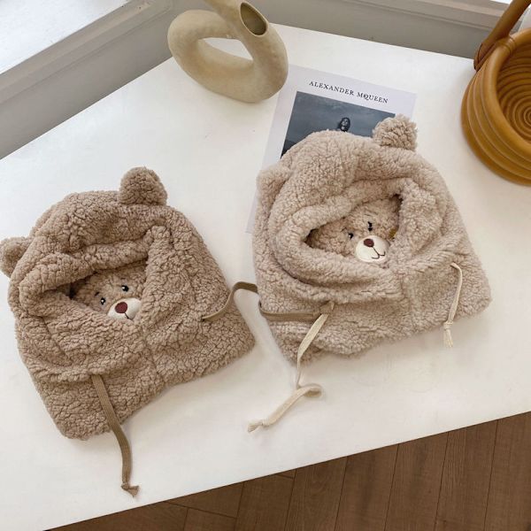 e Bear Ear Hat Skjerfhansker Vinter Dame Beanies Caps Warm Plus Khaki