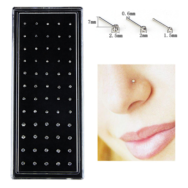 60 STK/ Set Strass Nose Ring Ben Stud Rostfritt stål White