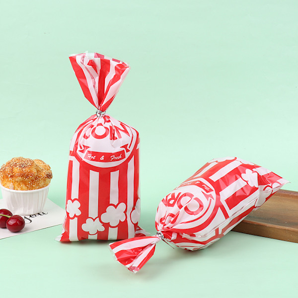 50 st röda vertikala bar popcorn plastpåse nougat kex bröd