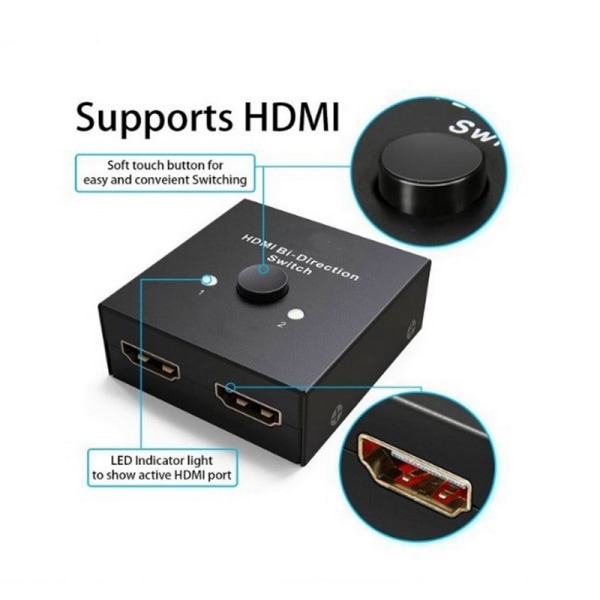 Guldpläterad 2-ports HDMI Dubbelriktad 2x1 Switcher 1x2 Splitte