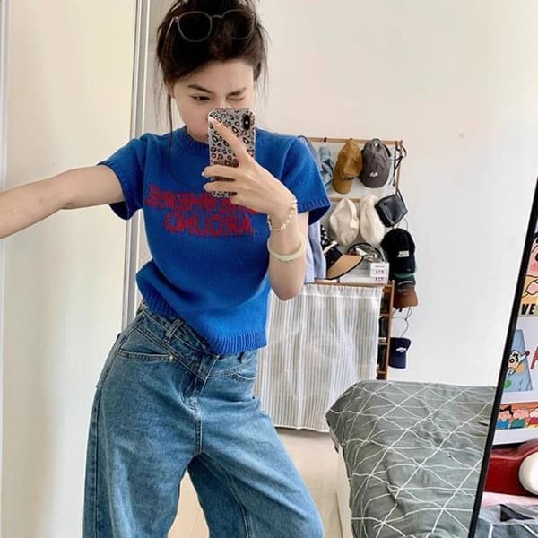 Chic Hong Style Retro Kontrasterande Bokstav Kortärmad Stickad A3