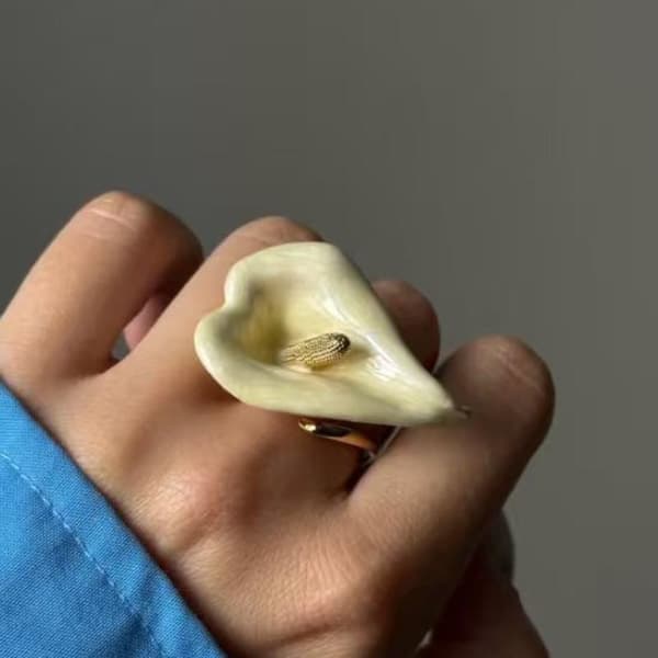 Vintage Farverig Emalje Guld Oliedryp Calla Lilje Blomst Åben R A2