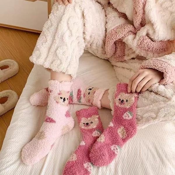 Mode Korallfleece Damsockor Varma Hemmagolvstrumpor Tecknade Pink